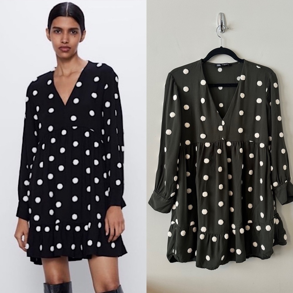 Zara Long Sleeve Polka Dot Appliqué Mini Dress (Size: Medium)